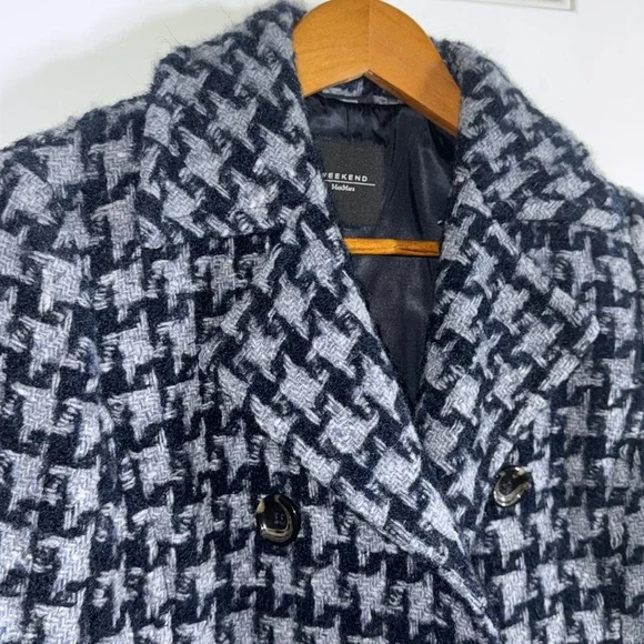 Max Mara Weekend Blue Wool Mohair Alpaca Houndstooth Crop Coat Jacket Size 4 - Picture 3 of 12